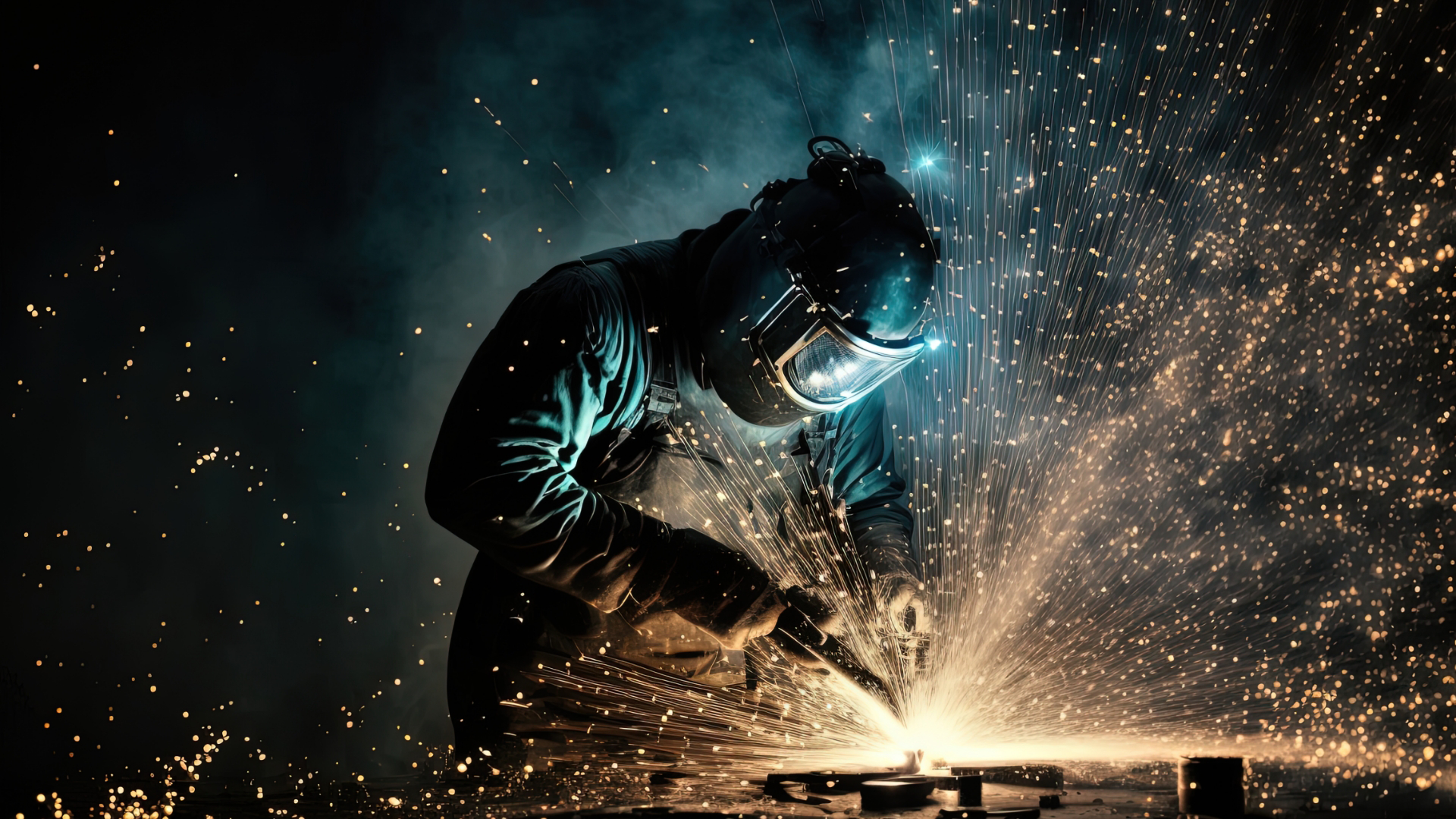 Welder working on a metal piece, sparks flying.