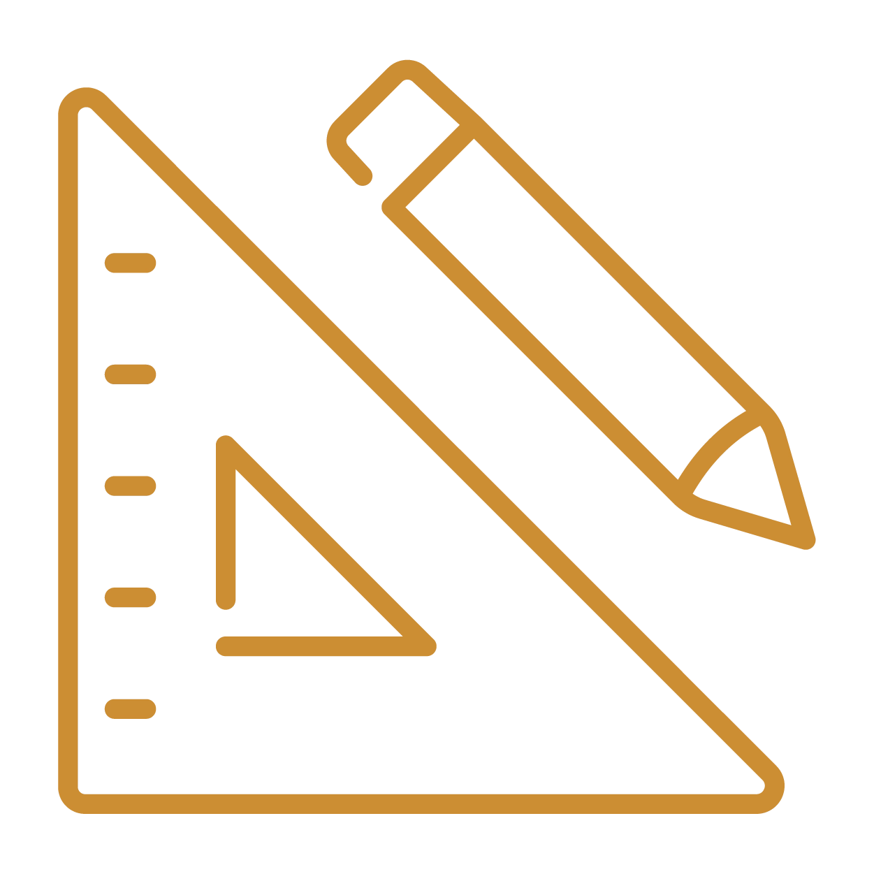 A yellow line art icon of a ruler and pencil.