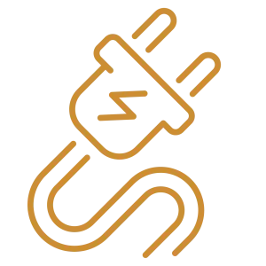 A yellow line art icon of an electrical plug.