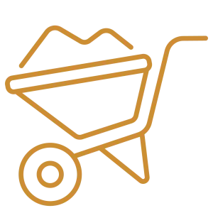A yellow line art icon of a wheelbarrow.