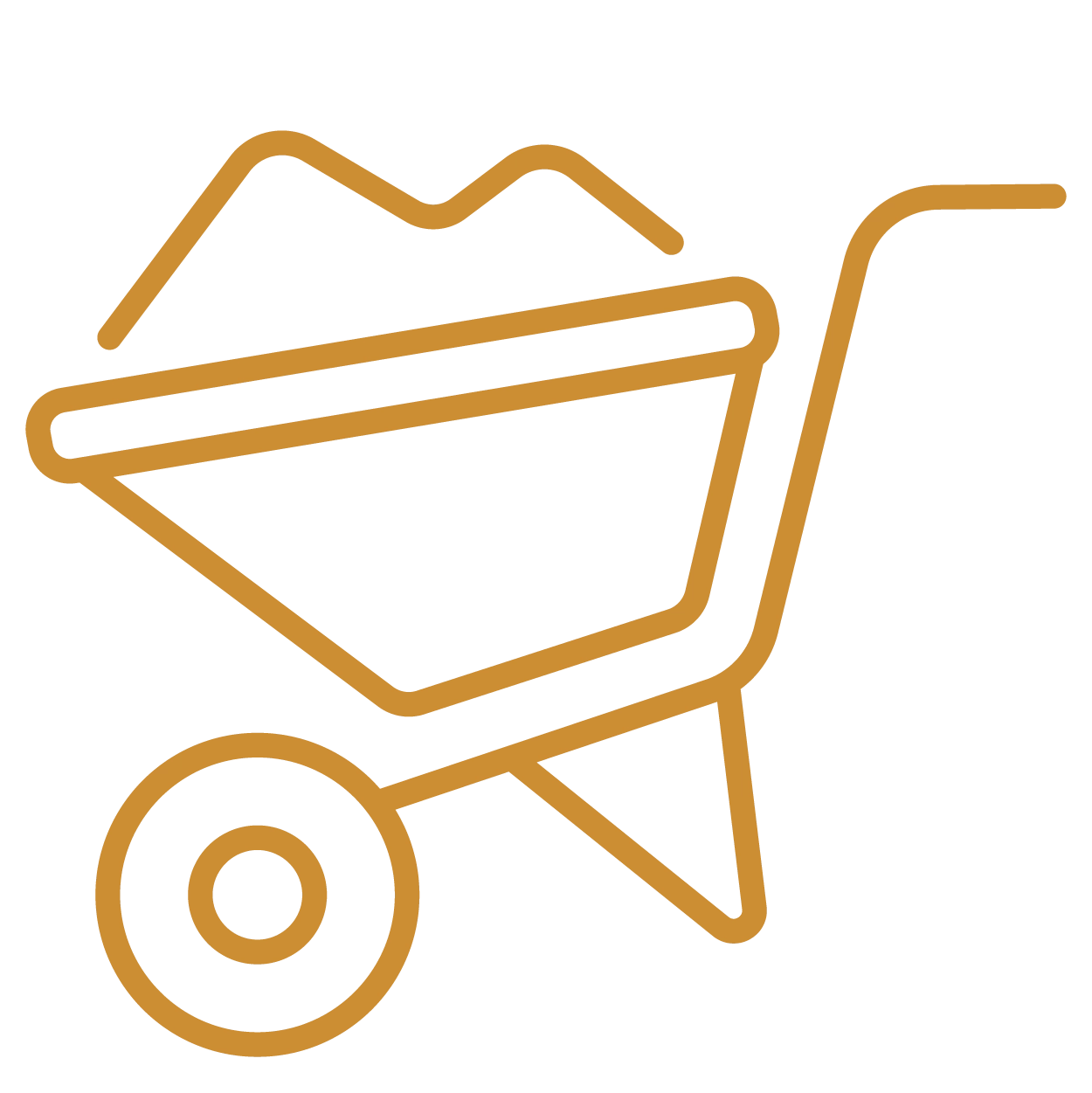 A yellow line art icon of a wheelbarrow.