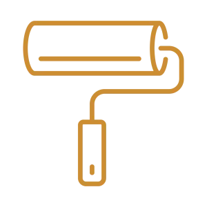 A yellow line art icon of a paint roller.