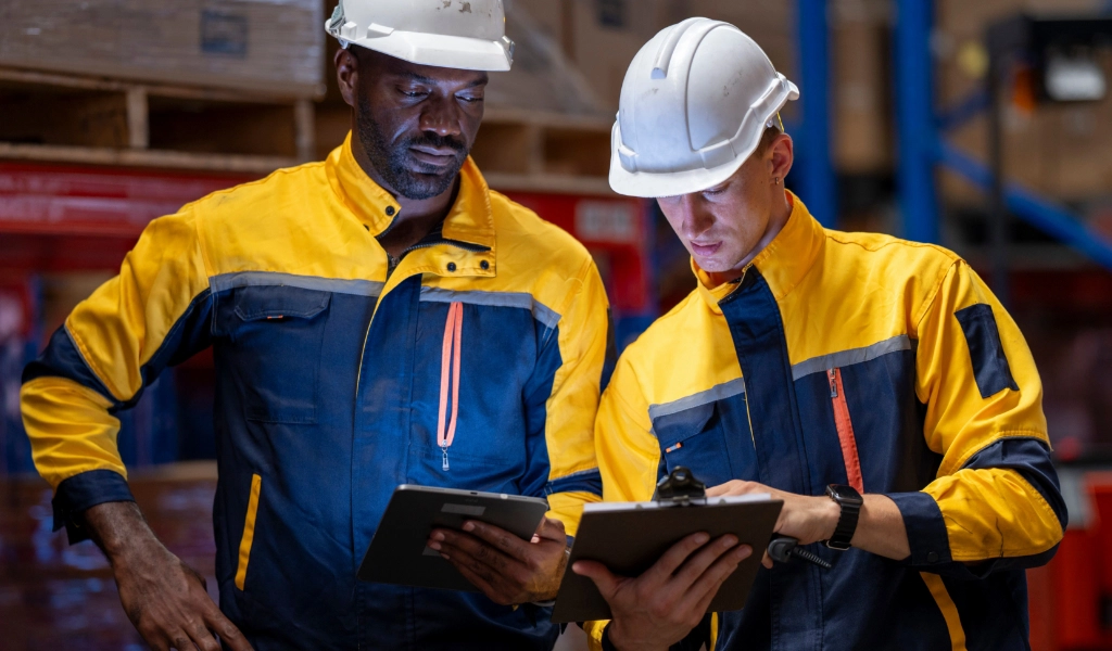 Two people in blue and yellow jackets consult plans while wearing hard hats.