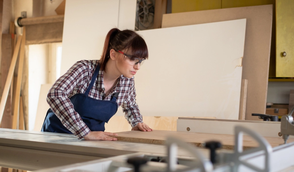 Woman in a plaid shirt and apron measures wood before cutting it.