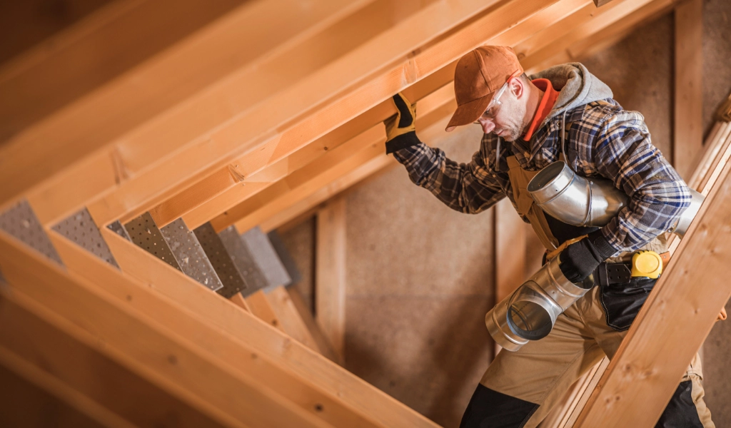 A middle-aged man works on a construction project while wearing a plaid shirt.