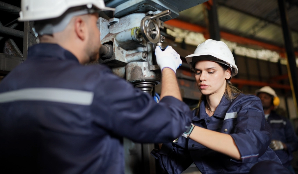 A man and woman work in an industrial setting while wearing hard hats.